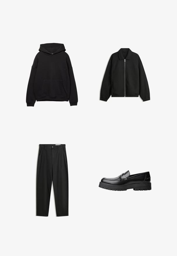Zwarte jas van textuurstof, met een volledige rits aan de voorkant, een kraag, elastische manchetten, een ontspannen pasvorm en zijzakken.; Zwarte hoodie van zachte stof, met een voorzak, verstelbare capuchon met trekkoord en geribbelde mouwen. Eenvoudig ontwerp met minimale details.; Zwarte katoenen broeken met een losse pasvorm, voorzien van een klassieke tailleband, voorplooien en zijzakken. Gladde structuur zonder patronen.; Zwarte leren loafer met een chunky profielzool en een decoratieve band over de bovenkant, weergegeven in het linkerzijprofiel op een witte achtergrond.