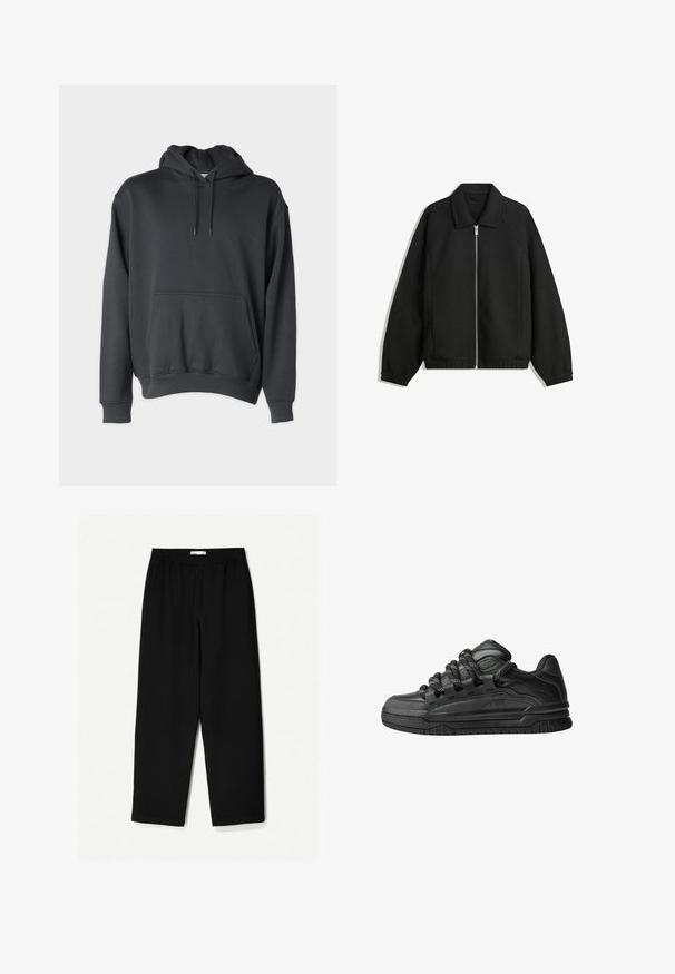 Fekete kabát texturált anyagból, teljes elöl cipzárral, gallérral és rugalmas mandzsettákkal, laza szabással és oldalsó zsebekkel.; Sötét szürke kapucnis pulóver, puha anyagból készült, elülső zsebbel, húzózsinórral a kapucnin, valamint bordázott mandzsettákkal és aljjal.; Fekete, bő szárú nadrág könnyű anyagból. Rugalmas derékrésszel és sima felülettel rendelkezik. Nincsenek látható minták vagy hardverelemek.; Fekete sportcipők sima bőrből készült felső résszel, struktúrált kiegészítőkkel, valamint kerek fekete és fehér fűzőkkel. Vastag gumitalp mintázott bordázattal.