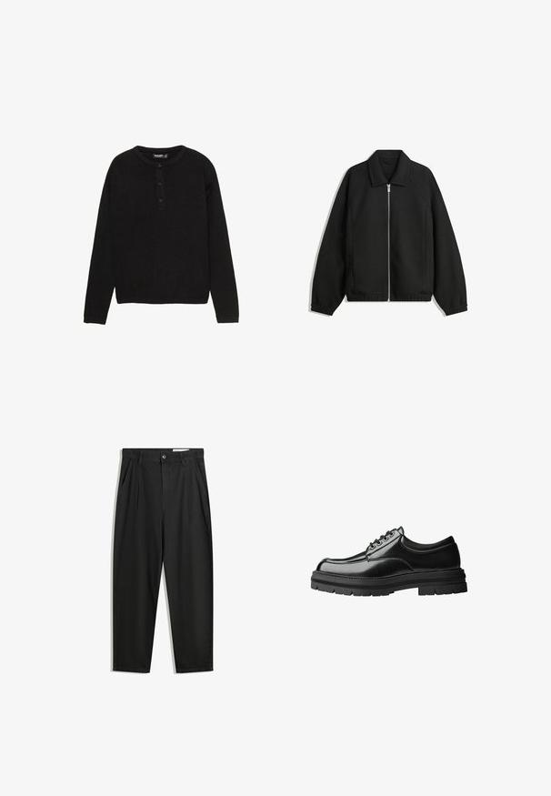 Fekete kabát texturált anyagból, teljes elöl cipzárral, gallérral és rugalmas mandzsettákkal, laza szabással és oldalsó zsebekkel.; Fekete, hosszú ujjú pulóver bordás anyagból, kerek nyakkivágással és három gombos gombolással az elején.; Fekete pamut nadrág laza szabással, klasszikus derékrésszel, elülső hajtásokkal és oldalsó zsebekkel. Simább textúra minta nélkül.; Fekete bőr cipő sima felülettel, kerek orral, hat szemlyukú fűzős kivitelben és vastag, texturált gumitalpakkal.