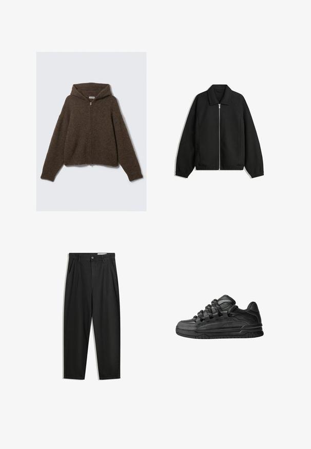 Čierna bunda vyrobená z textúrovaného materiálu, s plným predným zipsom, golierom a elastickými manžetami, so voľnejším strihom a bočnými vreckami.; Hnedý sveter na zips s kapucňou, vyrobený z mäkkej, textúrovanej tkaniny. Má rebrovaný lem a manžety a predné zapínanie na zips.; Čierne bavlnené nohavice s voľným strihom, s klasickým pásom, prednými záhybmi a bočnými vreckami. Hladká textúra bez vzorov.; Čierne tenisky s hladkým koženým zvrškom, štruktúrovanými akcentami a okrúhlymi čierno-bielymi šnúrkami. Hrubá gumená podrážka s vzorovaným dezénom.
