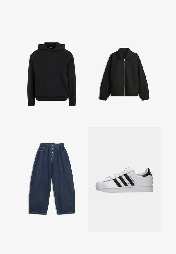 Jachetă neagră dintr-un material texturat, cu fermoar frontal complet, guler și manșete elastice, având o croială lejeră și buzunare laterale.; Hanorac negru dintr-un material moale, cu un buzunar frontal tip kangaroo, manșete cu nervuri și o glugă cu șnur. Design clasic și versatil.; Pantaloni din denim albastru închis, cu picioare largi, talie înaltă, închidere cu cinci nasturi și cinci buzunare. Prezintă accente de cusătură pe cusături.; Tenisii Adidas Superstar albi cu dungi negre, vârf în formă de scoică și textul "Superstar" pe latură, prezentați în profil stâng pe un fundal alb.