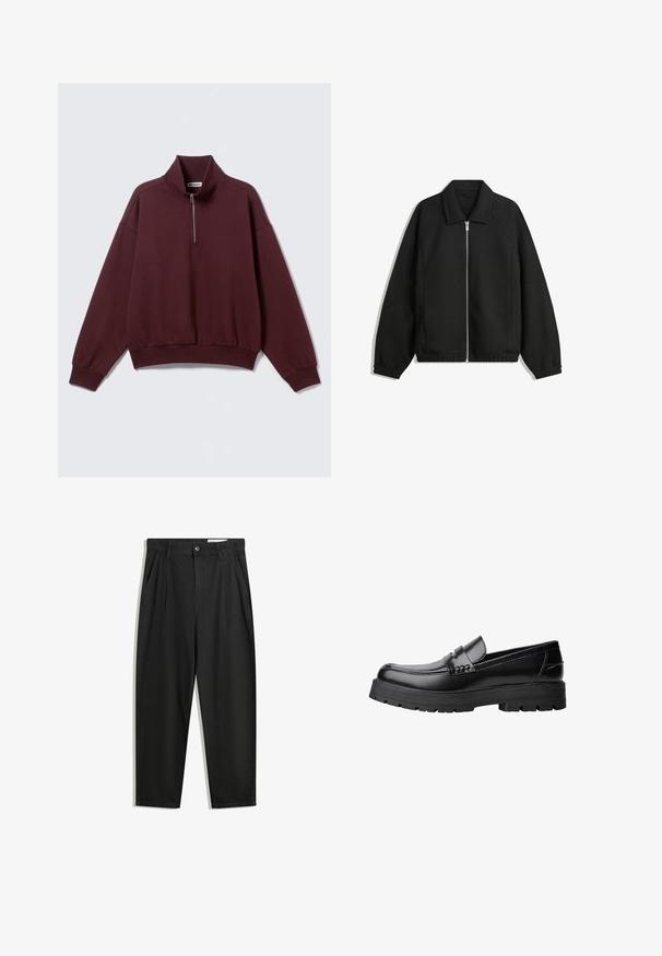Black jacket made of textured fabric, featuring a full front zip, collar, and elastic cuffs with a relaxed fit and side pockets.; Maroon pullover sweatshirt with a high collar and half-zip closure. Features long sleeves and a relaxed fit with ribbed cuffs and hem.; Black cotton trousers with a relaxed fit, featuring a classic waistband, front pleats, and side pockets. Smooth texture without patterns.; Black leather loafer with chunky treaded sole and decorative strap across the upper, shown in left side profile on white background.