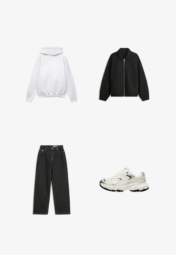Fekete kabát texturált anyagból, teljes elöl cipzárral, gallérral és rugalmas mandzsettákkal, laza szabással és oldalsó zsebekkel.; Szürke kapucnis pulóver, puha pamutkeverékből készült. Elöl zsebe van, bordázott mandzsettákkal és alsó résszel. Kényelmes szabású, nincs mintázat vagy díszítés.; Fekete, egyenes szárú farmernadrág fehér varrással, öt zsebes kialakítással, gombbal és cipzárral záródik, valamint egy kis logó található a jobb elülső zseben.; Fehér sneaker hálós felsőrésszel, ezüst kiegészítőkkel, fekete talppal és textúrázott panelek nélkül. Fűzhető kialakítással és kerek orral rendelkezik.