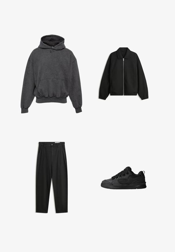 Giacca nera in tessuto texturizzato, con zip frontale a tutta lunghezza, colletto e polsini elasticizzati, dalla vestibilità rilassata e con tasche laterali.; Felpa grigia con cappuccio, tasca a marsupio, polsini e orlo a coste, e una texture morbida. Presenta un piccolo logo cucito sul davanti.; Pantaloni in cotone neri con una vestibilità rilassata, dotati di una vita classica, pieghe frontali e tasche laterali. Tessuto liscio senza fantasie.; Sneakers neri con una tomaia testurizzata, dotati di lacci, accenti in mesh per la traspirabilità, colletto imbottito e suola robusta.