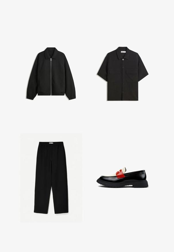 Černá bunda vyrobená z texturované látky, s plným předním zipem, límcem a elastickými manžetami, s volným střihem a bočními kapsami.; Černá košile s krátkým rukávem vyrobená z látky s hladkou texturou, má dvě přední kapsy, klasický límeček a zapínání na knoflíky.; Černé kalhoty s širokými nohavicemi vyrobené z lehkého materiálu. Mají elastický pas a hladkou texturu. Bez viditelných vzorů nebo kovových detailů.; Černé kožené mokasíny s bílým a červeným páskem, gumovou podrážkou s hrubým vzorem a kontrastním prošíváním. Elegantní design s plochým podpatkem.