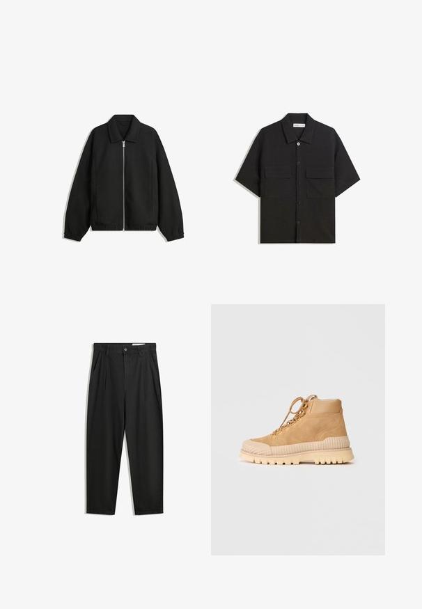 Schwarze Jacke aus strukturiertem Stoff, mit vollem Reißverschluss auf der Vorderseite, Kragen und elastischen Manschetten, im entspannten Schnitt und mit seitlichen Taschen.; Schwarzes kurzärmliges Shirt aus Stoff mit glatter Textur, verfügt über zwei Vorderaschen, einen klassischen Kragen und einen Knopfverschluss.; Schwarze Baumwollhose mit lockerem Schnitt, ausgestattet mit einem klassischen Bund, vorderen Falten und Seiten taschen. Glatte Textur ohne Muster.; Hellbeige Wildleder High-Top Sneaker mit einer gerippten Gummisohle, runder Zehenpartie und metallischen Ösen für die Schnürsenkel; ausgestattet mit einem weichen Innenfutter.