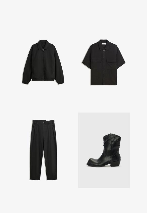 Svart jacka i strukturerad tyg, med full dragkedja framtill, krage och elastiska muddar, med en avslappnad passform och sidofickor.; Svart kortärmad skjorta i tyg med en slät yta, har två framfickor, en klassisk krage och knäppning med knappar.; Svarta bomullsshorts med avslappnad passform, med en klassisk midja, framveck och sidfickor. Slät textur utan mönster.; Svart läderstövel i ankellängd med en kurvad topp, vit söm och kvadratig tå. Har en låg klack i blockform och dekorativa sidodetaljer.