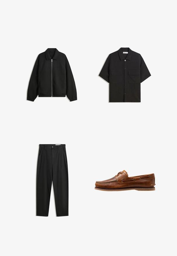 Fekete kabát texturált anyagból, teljes elöl cipzárral, gallérral és rugalmas mandzsettákkal, laza szabással és oldalsó zsebekkel.; Fekete, rövid ujjú ing sima textúrájú anyagból készült, két elülső zsebbel, klasszikus gallérral és gombos záródással.; Fekete pamut nadrág laza szabással, klasszikus derékrésszel, elülső hajtásokkal és oldalsó zsebekkel. Simább textúra minta nélkül.; Barna bőr csónakcipő varrott díszítésekkel, fém fűzőlyukakkal, kiemelt varrással az orrán és lapos gumitalppal.