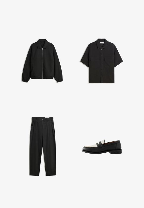 Fekete kabát texturált anyagból, teljes elöl cipzárral, gallérral és rugalmas mandzsettákkal, laza szabással és oldalsó zsebekkel.; Fekete, rövid ujjú ing sima textúrájú anyagból készült, két elülső zsebbel, klasszikus gallérral és gombos záródással.; Fekete pamut nadrág laza szabással, klasszikus derékrésszel, elülső hajtásokkal és oldalsó zsebekkel. Simább textúra minta nélkül.; Next REGULAR FIT - Belebújós cipők - black and white
