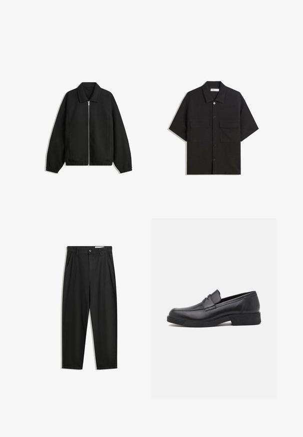 Zwarte jas van textuurstof, met een volledige rits aan de voorkant, een kraag, elastische manchetten, een ontspannen pasvorm en zijzakken.; Zwarte shirt met korte mouwen van stof met een gladde textuur, voorzien van twee voorzakken, een klassieke kraag en een knoopsluiting.; Zwarte katoenen broeken met een losse pasvorm, voorzien van een klassieke tailleband, voorplooien en zijzakken. Gladde structuur zonder patronen.; Zwarte leren instapper met een ronde neus en gestikte details. Beschikt over een platte zool en een lichte hak voor extra hoogte.