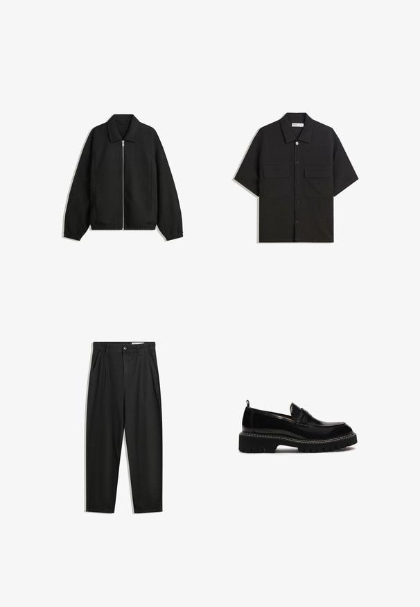 Fekete kabát texturált anyagból, teljes elöl cipzárral, gallérral és rugalmas mandzsettákkal, laza szabással és oldalsó zsebekkel.; Fekete, rövid ujjú ing sima textúrájú anyagból készült, két elülső zsebbel, klasszikus gallérral és gombos záródással.; Fekete pamut nadrág laza szabással, klasszikus derékrésszel, elülső hajtásokkal és oldalsó zsebekkel. Simább textúra minta nélkül.; Fekete bőr slip-on cipő lekerekített orral, vastag textúrált talppal, dekoratív varrással és kis sarkal. Hátul húzófüllel rendelkezik.