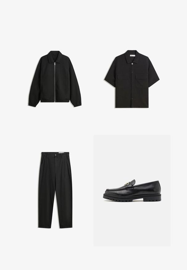 Fekete kabát texturált anyagból, teljes elöl cipzárral, gallérral és rugalmas mandzsettákkal, laza szabással és oldalsó zsebekkel.; Fekete, rövid ujjú ing sima textúrájú anyagból készült, két elülső zsebbel, klasszikus gallérral és gombos záródással.; Fekete pamut nadrág laza szabással, klasszikus derékrésszel, elülső hajtásokkal és oldalsó zsebekkel. Simább textúra minta nélkül.; Fekete bőr loffer cipők sima felülettel, kerek orral, díszítő pánttal arany színű fémrészekkel és masszív fekete talppal.