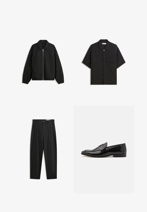 Fekete kabát texturált anyagból, teljes elöl cipzárral, gallérral és rugalmas mandzsettákkal, laza szabással és oldalsó zsebekkel.; Fekete, rövid ujjú ing sima textúrájú anyagból készült, két elülső zsebbel, klasszikus gallérral és gombos záródással.; Fekete pamut nadrág laza szabással, klasszikus derékrésszel, elülső hajtásokkal és oldalsó zsebekkel. Simább textúra minta nélkül.; Fekete bőr loafer cipők sima felülettel, lekerekített orral és díszövvel a felső részen. Alacsony, strukturált sarokkal.