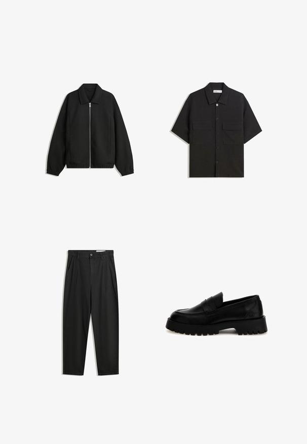 Zwarte jas van textuurstof, met een volledige rits aan de voorkant, een kraag, elastische manchetten, een ontspannen pasvorm en zijzakken.; Zwarte shirt met korte mouwen van stof met een gladde textuur, voorzien van twee voorzakken, een klassieke kraag en een knoopsluiting.; Zwarte katoenen broeken met een losse pasvorm, voorzien van een klassieke tailleband, voorplooien en zijzakken. Gladde structuur zonder patronen.; Zwarte leren loafers met een dikke, gegroefde zool. Beschikt over een gestikte moccasinpunt en een frontale band. Merken zijn zichtbaar op de hiel.