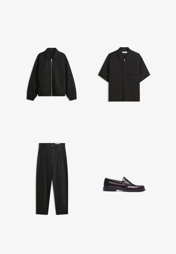 Čierna bunda vyrobená z textúrovaného materiálu, s plným predným zipsom, golierom a elastickými manžetami, so voľnejším strihom a bočnými vreckami.; Čierna polokošeľa s krátkym rukávom vyrobená z látky s hladkou textúrou, má dve predné vrecká, klasický golier a zapínanie na gombíky.; Čierne bavlnené nohavice s voľným strihom, s klasickým pásom, prednými záhybmi a bočnými vreckami. Hladká textúra bez vzorov.; Bordové kožené mokasíny s prešitým prstom, plochým opätkom a hladkým povrchom. Obsahujú klasický dizajn s penny slotom na nárte.