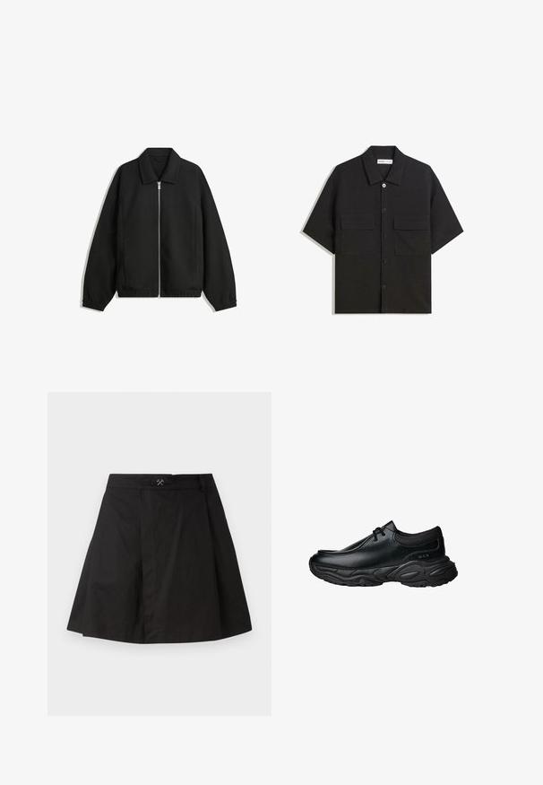 Čierna bunda vyrobená z textúrovaného materiálu, s plným predným zipsom, golierom a elastickými manžetami, so voľnejším strihom a bočnými vreckami.; Čierna polokošeľa s krátkym rukávom vyrobená z látky s hladkou textúrou, má dve predné vrecká, klasický golier a zapínanie na gombíky.; Čierna áčková sukňa vyrobená z bavlny, s pásom so malým kovovým akcentom, detailmi skladania a čistým lemom.; Čierne kožené slip-on topánky s okrúhlou špičkou a hrubou štruktúrovanou gumovou podrážkou. Obsahujú jemné prešitie a elastické akcenty v oblasti goliera.