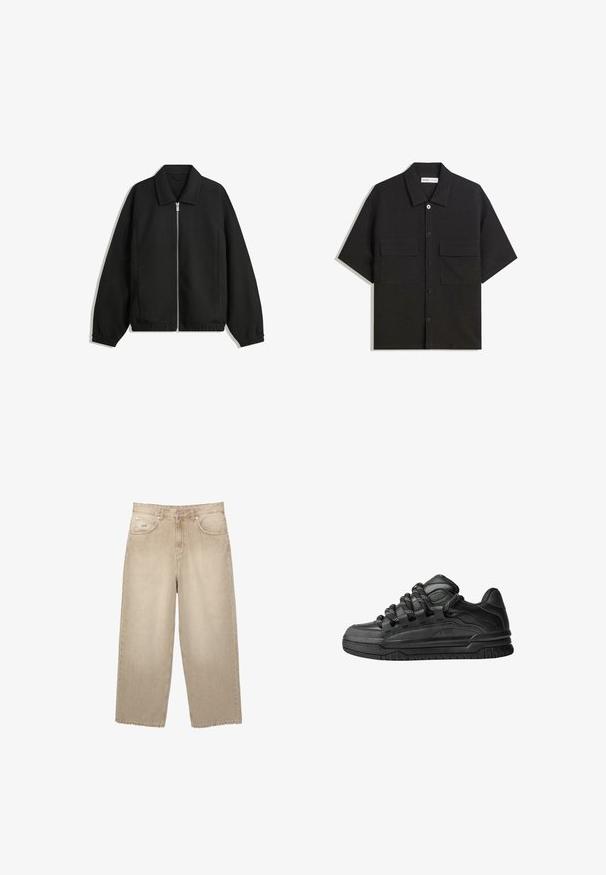 Črna jakna iz teksturirane tkanine, z dvostranskim zadrgo spredaj, ovratnikom in elastičnimi manšeti, sproščenega kroja in stranskimi žepi.; Črna kratkotrajna srajca iz tkanine z gladko teksturo, ima dve sprednji žepki, klasičen ovratnik in zapiranje na gumb.; Bež traper hlače širokih nogavica z visokim pasom, z raztrganim robom, dvema sprednjima žepoma in diskretnimi šivi.; Črne superge z gladkim usnjenim zgornjim delom, teksturiranimi detajli in okroglimi črnimi ter belimi vezalkami. Debel gumijast podplat z vzorčastim profilom.