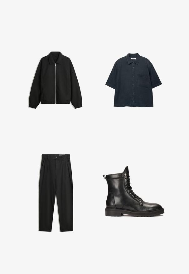 Jachetă neagră dintr-un material texturat, cu fermoar frontal complet, guler și manșete elastice, având o croială lejeră și buzunare laterale.; Cămășuță scurtă cu mânecă închisă la culoare, fabricată dintr-un material ușor, având un buzunar pe piept și un guler clasic.; Pantaloni negri din bumbac cu croială lejeră, având un brâu clasic, plii frontale și buzunare laterale. Textură netedă fără modele.; Kazar Studio CANRERTH - Botine cu șireturi - black