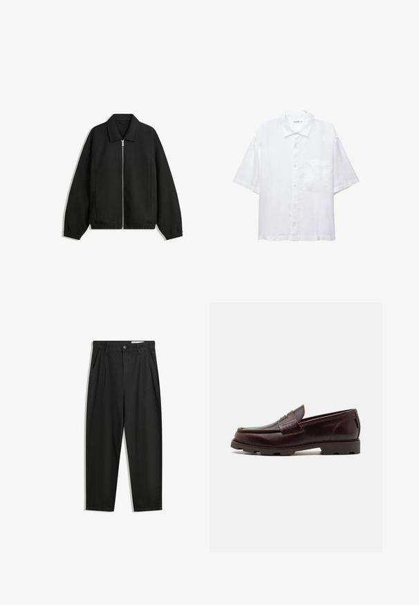 Sort jakke lavet af struktureret stof, med fuld frontlynlås, krave og elastiske mansjetter, i en afslappet pasform og sidelommer.; Hvid kortærmet skjorte med knaplukning foran, krave og en enkelt brystlomme. Fremstillet af letvægtsstof med en glat overflade.; Sorte bomuldsbukser med en afslappet pasform, der har en klassisk talje, frontfolder og sidelommer. Glat tekstur uden mønstre.; Brune læder loafer med en mokkasinstil overdel, tekstureret syning og en robust sål med multidirektionale dæk.