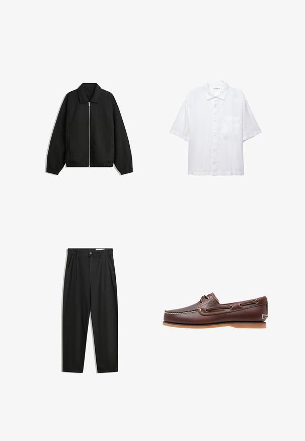 Zwarte jas van textuurstof, met een volledige rits aan de voorkant, een kraag, elastische manchetten, een ontspannen pasvorm en zijzakken.; Witte korte mouwen shirt met een knoopsluiting aan de voorkant, kraag en een enkele borstzak. Gemaakt van lichte stof met een gladde textuur.; Zwarte katoenen broeken met een losse pasvorm, voorzien van een klassieke tailleband, voorplooien en zijzakken. Gladde structuur zonder patronen.; Bruine leren bootschoen met witte stiksels, bruine veters en een tan rubberen zool. Heeft een logo aan de zijkant en metalen oogjes voor de veters.