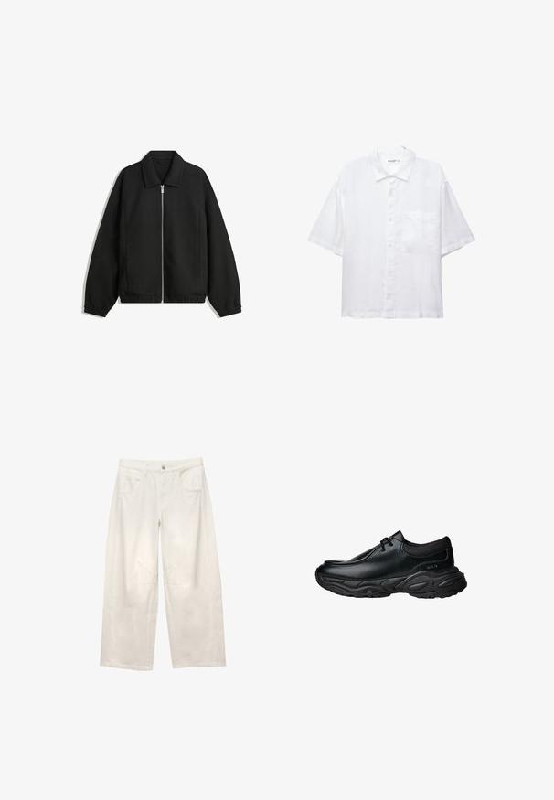 Čierna bunda vyrobená z textúrovaného materiálu, s plným predným zipsom, golierom a elastickými manžetami, so voľnejším strihom a bočnými vreckami.; Biela košeľa s krátkymi rukávmi, s zapínaním na gombíky, golierom a jednou malou náprsní kapsou. Vyrobená z ľahkého materiálu s hladkou textúrou.; Biele široké džínsy s vysokým pásom, prednými vreckami a viditeľným švom. Tkanina má hladkú textúru a štruktúrovaný tvar.; Čierne kožené slip-on topánky s okrúhlou špičkou a hrubou štruktúrovanou gumovou podrážkou. Obsahujú jemné prešitie a elastické akcenty v oblasti goliera.