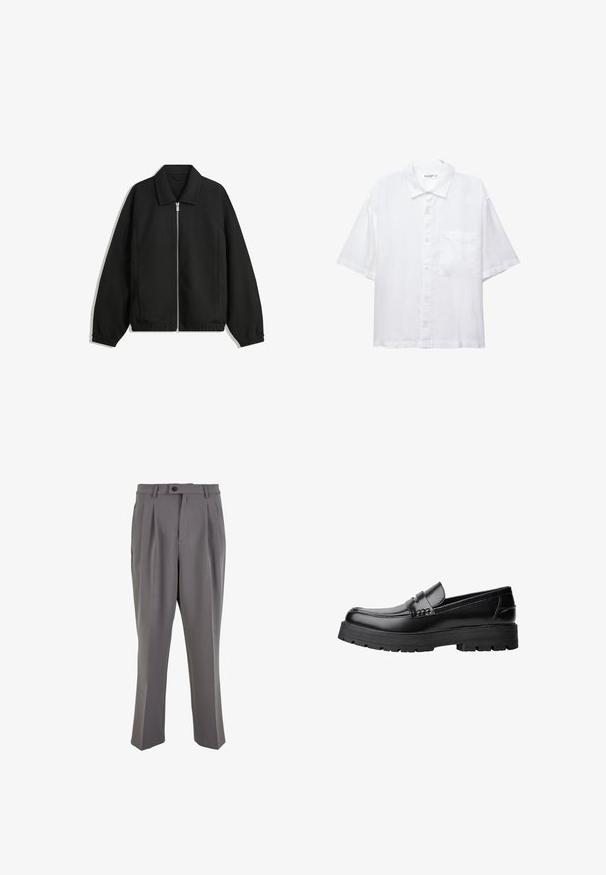 Giacca nera in tessuto texturizzato, con zip frontale a tutta lunghezza, colletto e polsini elasticizzati, dalla vestibilità rilassata e con tasche laterali.; Camicia bianca a maniche corte con chiusura a bottoni, colletto e una singola tasca sul petto. Realizzata in tessuto leggero con una texture liscia.; Pantaloni grigi plissettati in tessuto liscio, con taglio dritto, chiusura con un bottone e passanti per cintura. Design minimalista.; Mocassino in pelle nera con suola spessa e tassellata e fascia decorativa sulla parte superiore, mostrato in profilo sinistro su sfondo bianco.