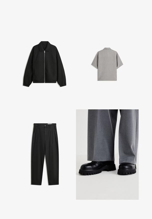 Černá bunda vyrobená z texturované látky, s plným předním zipem, límcem a elastickými manžetami, s volným střihem a bočními kapsami.; Bershka SHORT SLEEVE TAILORED - Košile - dark grey; Černé bavlněné kalhoty s uvolněným střihem, klasickým pasem, předními záhyby a bočními kapsami. Hladká textura bez vzorů.; Černé kožené boty s robustní podešví a hlubokými vzory, kombinované s šedými pruhovanými širokými kalhotami.