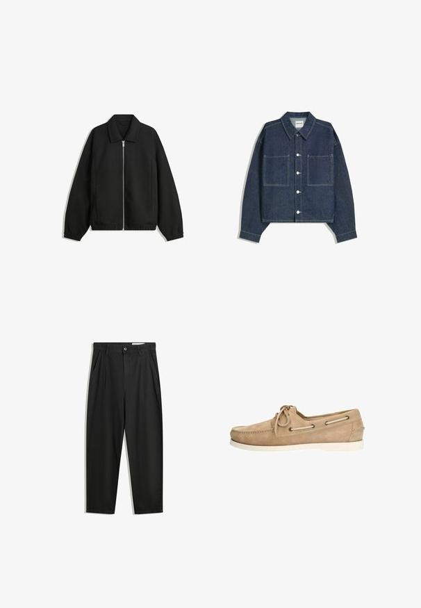 Schwarze Jacke aus strukturiertem Stoff, mit vollem Reißverschluss auf der Vorderseite, Kragen und elastischen Manschetten, im entspannten Schnitt und mit seitlichen Taschen.; Dunkelblaues Denim-Cropped-Jackett mit spitzem Kragen, zwei vorderen Taschen und silberner Knopfverschluss. Besitzt sichtbare Nähte.; Schwarze Baumwollhose mit lockerem Schnitt, ausgestattet mit einem klassischen Bund, vorderen Falten und Seiten taschen. Glatte Textur ohne Muster.; Beige Wildlederschuh mit runder Zehenpartie, weißer Gummisohle, Schnürdesign und kontrastierenden Ösen an den Seiten.