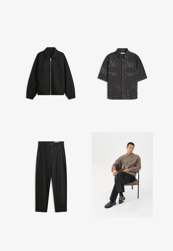 Black jacket made of textured fabric, featuring a full front zip, collar, and elastic cuffs with a relaxed fit and side pockets.; Short-sleeve, button-up shirt in dark gray with a textured fabric and subtle mottled pattern. Features a pointed collar and straight hem.; Black cotton trousers with a relaxed fit, featuring a classic waistband, front pleats, and side pockets. Smooth texture without patterns.; Men's zip-up jacket in earthy tones, featuring a textured fabric and oversized pockets. Slim-fit black trousers and polished black loafers.