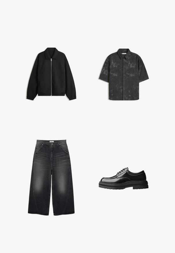 Crna jakna izrađena od teksturirane tkanine, s punim prednjim zatvaračem, ovratnikom i elastičnim manžetama, opuštenog kroja i bočnim džepovima.; Košulja kratkih rukava, s gumbima, tamnosive boje s teksturiranim materijalom i suptilnim mramoriranim uzorkom. Ima šiljasti ovratnik i ravni rub.; PULL&BEAR MEGA BAGGY - Vrećaste traperice - black; Crne kožne cipele s glatkom završnom obradom, okruglim vrhom, dizajnom s šest rupica za vezivanje i debelim, teksturiranim gumene potplate.