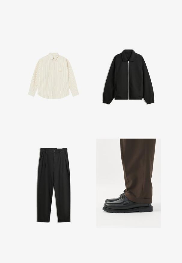 Musta takki, joka on valmistettu teksturoidusta kankaasta ja jossa on koko etuvetoketju, kaulus ja joustavat hihansuut. Takissa on rento istuvuus ja sivutaskut.; Vaalean kermankeltainen nappipaita, jossa on ohuita pystysuoria raihnoja. Siinä on terävä kaulus, pitkät hihat ja pieni brodeerattu logo rintataskussa.; Mustat puuvillahousut rentoa mallia, joissa on klassinen vyötärö, etukangastukset ja sivutaskut. Sileä pinta ilman kuvioita.; Mustat nahkakengät pyöreällä varvalla, nauhoilla ja paksulla kumipohjalla, yhdistettynä ruskeisiin räätälöityihin housuihin.