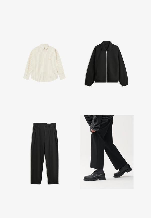 Sort jakke lavet af struktureret stof, med fuld frontlynlås, krave og elastiske mansjetter, i en afslappet pasform og sidelommer.; Lyscremet skjorte med knapper og tynde lodrette striber. Har spidse kraver, lange ærmer og et lille broderet logo på brystlommen.; Sorte bomuldsbukser med en afslappet pasform, der har en klassisk talje, frontfolder og sidelommer. Glat tekstur uden mønstre.; Sorte lædersko med rund tå, snørebåndsdesign og tyk, tekstureret sål. Båret sammen med skræddersyede sorte bukser og en ribbet sweater.