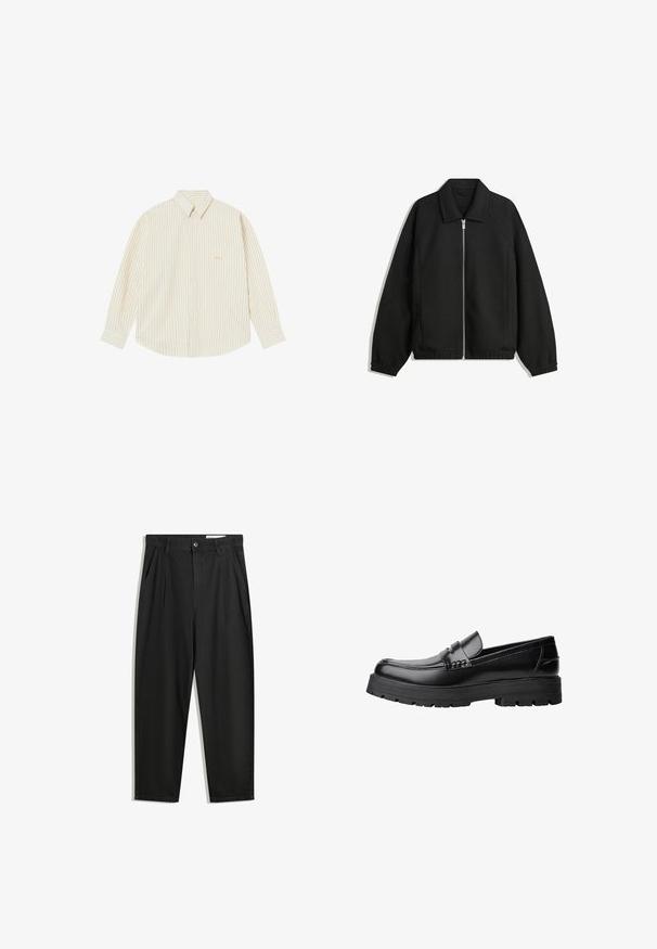 Musta takki, joka on valmistettu teksturoidusta kankaasta ja jossa on koko etuvetoketju, kaulus ja joustavat hihansuut. Takissa on rento istuvuus ja sivutaskut.; Vaalean kermankeltainen nappipaita, jossa on ohuita pystysuoria raihnoja. Siinä on terävä kaulus, pitkät hihat ja pieni brodeerattu logo rintataskussa.; Mustat puuvillahousut rentoa mallia, joissa on klassinen vyötärö, etukangastukset ja sivutaskut. Sileä pinta ilman kuvioita.; Musta nahkainen loaferi, jossa on paksu urheilupohja ja koristeellinen hihna yläpääkkeellä, esitettynä vasemman sivuprofiilin kuvassa valkoista taustaa vasten.