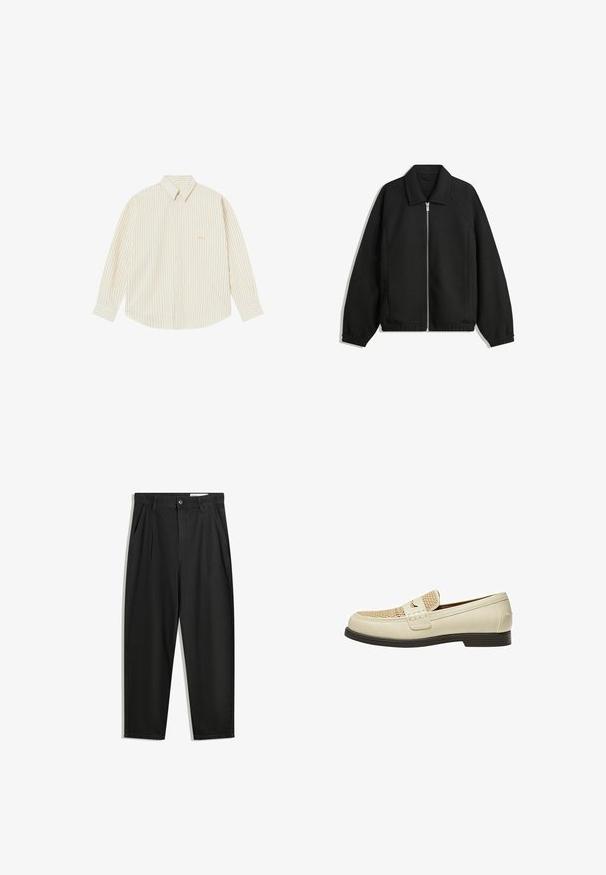Fekete kabát texturált anyagból, teljes elöl cipzárral, gallérral és rugalmas mandzsettákkal, laza szabással és oldalsó zsebekkel.; Világos krémszínű, gombos ing vékony függőleges csíkokkal. Kiemelkedik a hegyes gallér, hosszú ujjú és egy apró hímzett logó a mellzsebén.; Fekete pamut nadrág laza szabással, klasszikus derékrésszel, elülső hajtásokkal és oldalsó zsebekkel. Simább textúra minta nélkül.; Beige bőrcipők, fonott részletekkel az orron és lapos barna talppal. Dekoratív pánt található az elején.
