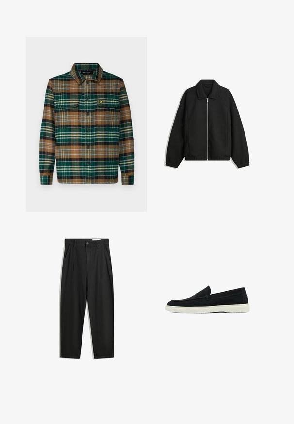 Zwarte jas van textuurstof, met een volledige rits aan de voorkant, een kraag, elastische manchetten, een ontspannen pasvorm en zijzakken.; Geruite flanellen overhemd in groen, bruin en zwart met een knoopsluiting aan de voorkant, twee borstzakken en een klein geborduurd logo op de linker zak.; Zwarte katoenen broeken met een losse pasvorm, voorzien van een klassieke tailleband, voorplooien en zijzakken. Gladde structuur zonder patronen.; Zwarte suède instappers met een lage profiel en witte rubberen zolen. Heeft een ronde neus en subtiele stiksels.