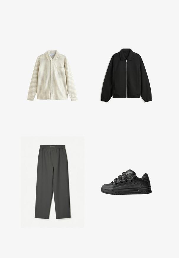 Black jacket made of textured fabric, featuring a full front zip, collar, and elastic cuffs with a relaxed fit and side pockets.; Striped button-up shirt in cream and beige, featuring a collar, long sleeves, a chest pocket, and textured fabric with vertical lines.; Dark gray, high-waisted wide-leg trousers made from lightweight fabric. Elastic waistband, no visible patterns, and side pockets.; Black sneakers with a smooth leather upper, textured accents, and round black and white laces. Thick rubber sole with a patterned tread.
