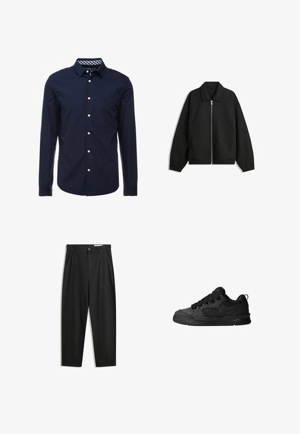 Črna jakna iz teksturirane tkanine, z dvostranskim zadrgo spredaj, ovratnikom in elastičnimi manšeti, sproščenega kroja in stranskimi žepi.; Mornarsko modra srajca z dolgimi rokavi in gumbastim ovratnikom, s kontrastnim karirastim notranjim ovratnikom ter belimi gumbi ob sprednjem delu. Gladka tekstura.; Črne bombažne hlače s sproščenim krojem, ki vključujejo klasičen pas, sprednje gube in stranske žepke. Gladka tekstura brez vzorcev.; Črne superge z teksturiranim zgornjim delom, opremljene z vezalkami, mrežastimi dodatki za zračnost, oblazinjenim ovratnikom in trdnim podplatom.