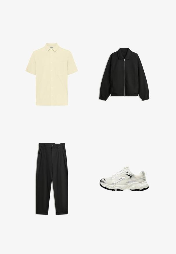 Sort jakke lavet af struktureret stof, med fuld frontlynlås, krave og elastiske mansjetter, i en afslappet pasform og sidelommer.; Kortærmet skjorte i lysegult tekstureret stof. Har en knap-til-krave, frontlomme og knaplukning foran.; Sorte bomuldsbukser med en afslappet pasform, der har en klassisk talje, frontfolder og sidelommer. Glat tekstur uden mønstre.; Hvide sneakers med en mesh-overdel, sølvfarvede accenter, sort sål og teksturerede paneler. Har snørebåndsdesign og rund tåform.