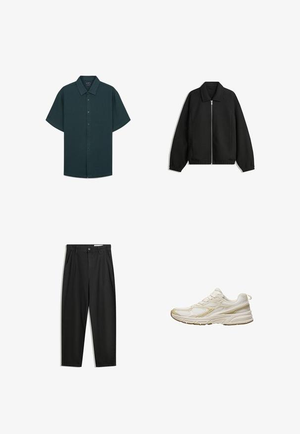 Giacca nera in tessuto texturizzato, con zip frontale a tutta lunghezza, colletto e polsini elasticizzati, dalla vestibilità rilassata e con tasche laterali.; Camicia a maniche corte in verde scuro, realizzata in tessuto testurizzato. Presenta un frontale con bottoni e un colletto classico con orlo dritto.; Pantaloni in cotone neri con una vestibilità rilassata, dotati di una vita classica, pieghe frontali e tasche laterali. Tessuto liscio senza fantasie.; Scarpe sportive bianche realizzate in mesh e materiale sintetico, con punta rotonda, suola ammortizzata e accenti beige sui lati.