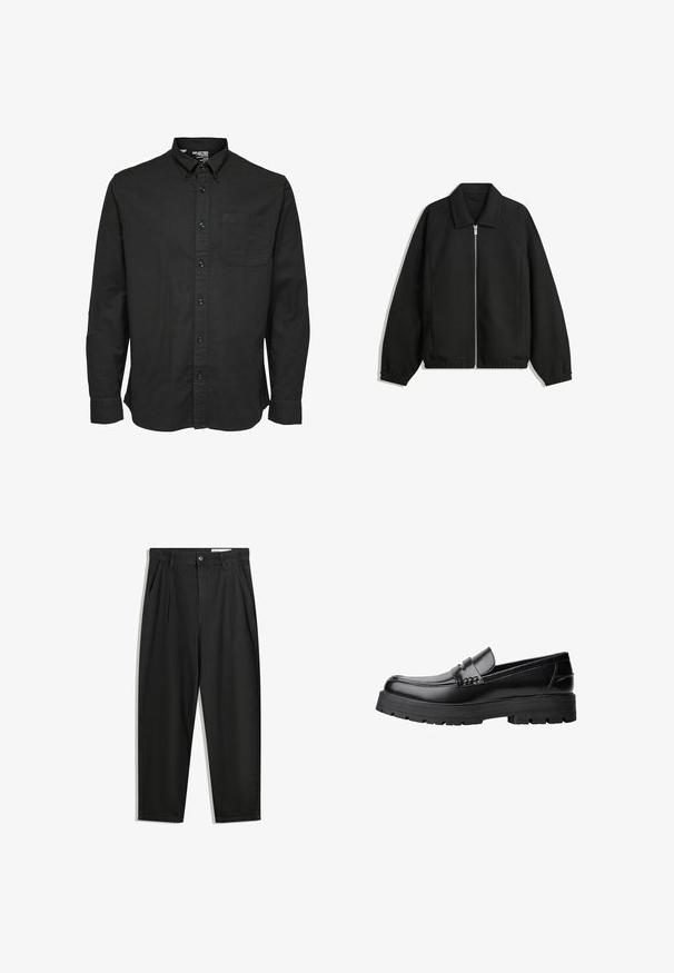 Černá bunda vyrobená z texturované látky, s plným předním zipem, límcem a elastickými manžetami, s volným střihem a bočními kapsami.; Černá dlouhá košile s knoflíky z bavlněné tkaniny, která má klasický límec, přední kapsu a odpovídající černé knoflíky.; Černé bavlněné kalhoty s uvolněným střihem, klasickým pasem, předními záhyby a bočními kapsami. Hladká textura bez vzorů.; Černé kožené mokasíny s masivní podrážkou a dekoračním páskem přes horní část, zobrazené v levém bočním profilu na bílém pozadí.