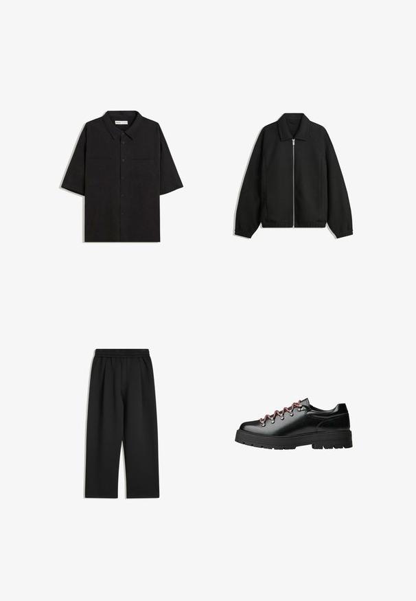 Giacca nera in tessuto texturizzato, con zip frontale a tutta lunghezza, colletto e polsini elasticizzati, dalla vestibilità rilassata e con tasche laterali.; Maglietta nera a maniche corte con collo a camicia, due tasche frontali, chiusura a bottoni e una texture di tessuto liscia.; Pantaloni neri a gamba larga con fascia elastica in vita e tasche laterali, mostrati distesi su uno sfondo bianco.; Scarpa da escursionismo in pelle nera con lacci rossi e bianchi, grandi fori per i lacci e suola spessa e tassellata per aderenza e stabilità.