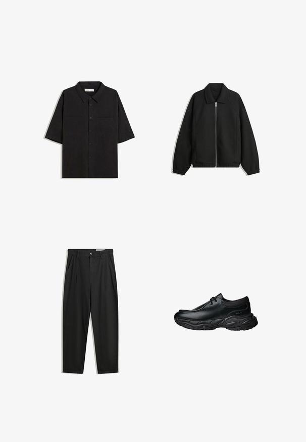 Fekete kabát texturált anyagból, teljes elöl cipzárral, gallérral és rugalmas mandzsettákkal, laza szabással és oldalsó zsebekkel.; Fekete, rövid ujjú ing, galléros nyakkal, két elülső zsebbel, gombos záródással és sima szövet textúrával.; Fekete pamut nadrág laza szabással, klasszikus derékrésszel, elülső hajtásokkal és oldalsó zsebekkel. Simább textúra minta nélkül.; Fekete bőr slip-on cipők lekerekített orral és vastag, texturált gumitalppal. Finom varrásokkal és elasztikus részletekkel rendelkezik a nyaknál.