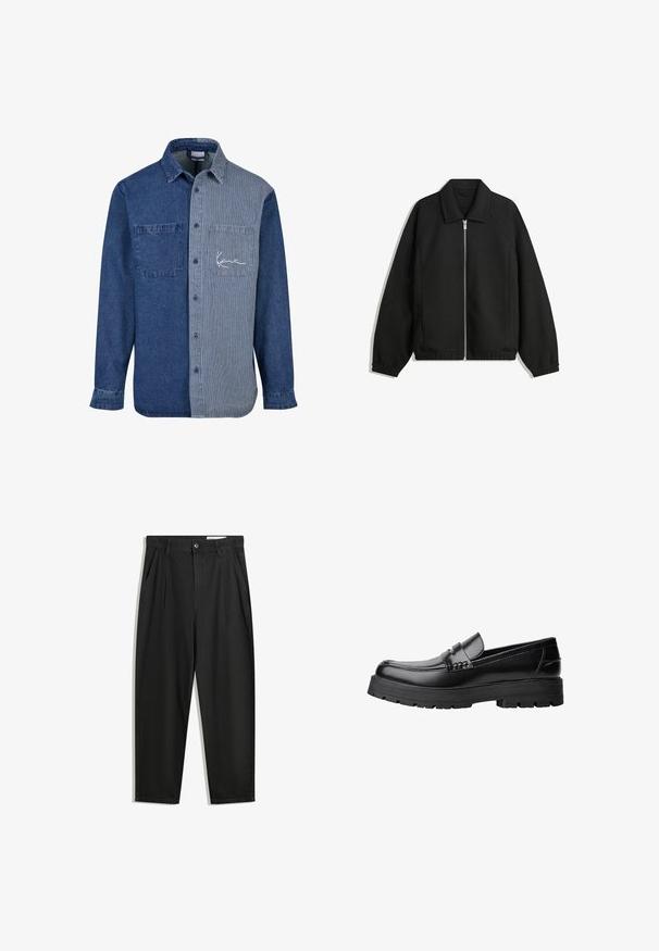 Schwarze Jacke aus strukturiertem Stoff, mit vollem Reißverschluss auf der Vorderseite, Kragen und elastischen Manschetten, im entspannten Schnitt und mit seitlichen Taschen.; Jeanshemd mit einer einfarbigen dunkelblauen linken Seite und einer gestreiften hellblauen rechten Seite, ausgestattet mit einer Brusttasche und Logostickerei.; Schwarze Baumwollhose mit lockerem Schnitt, ausgestattet mit einem klassischen Bund, vorderen Falten und Seiten taschen. Glatte Textur ohne Muster.; Schwarzer Lederloafer mit grobem, rutschfestem Sohlenprofil und dekorativem Riemen über der Oberseite, seitlich links auf weißem Hintergrund abgebildet.
