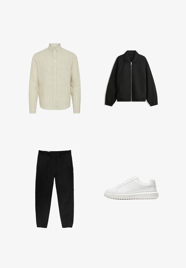 Jachetă neagră dintr-un material texturat, cu fermoar frontal complet, guler și manșete elastice, având o croială lejeră și buzunare laterale.; Cămașă lungă cu mâneci, de culoare bej deschis, cu dungi verticale. Fabricată dintr-un material texturat, prezintă un guler cu nasturi și nasturi pe partea din față.; Pantaloni negri cu talie elastică și șnur, cu picioare conice, buzunare laterale și detalii subtile de coasere pe laterale. Textură moale din bumbac.; Adidași albi cu un upper sintetic neted, vârf rotund, șireturi plate, talpă texturată și un design pe straturi, oferind un plus de înălțime.