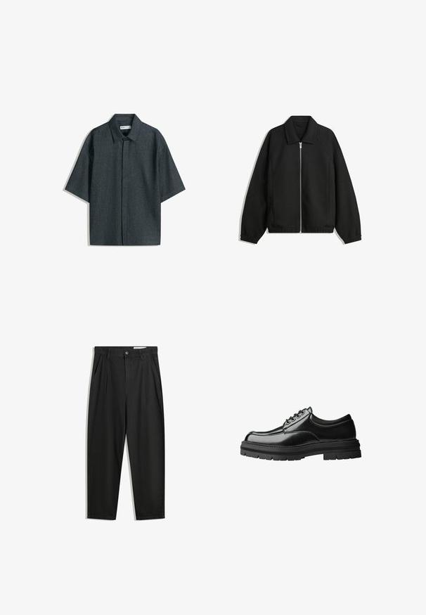 Zwarte jas van textuurstof, met een volledige rits aan de voorkant, een kraag, elastische manchetten, een ontspannen pasvorm en zijzakken.; Korte mouw button-up shirt in donkere denimstof, met een klassieke kraag, een rechte snit en een vlakke voorkant zonder zakken.; Zwarte katoenen broeken met een losse pasvorm, voorzien van een klassieke tailleband, voorplooien en zijzakken. Gladde structuur zonder patronen.; Zwarte leren schoen met een gladde afwerking, ronde neus, zes gaatjes vetersluiting en een dikke, gestructureerde rubberen zool.