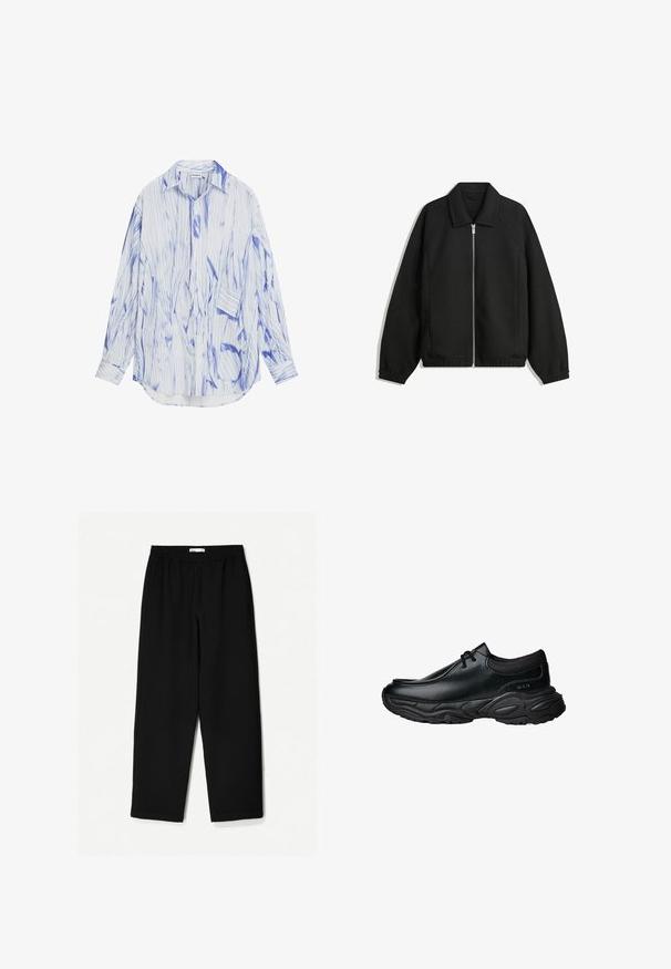 Schwarze Jacke aus strukturiertem Stoff, mit vollem Reißverschluss auf der Vorderseite, Kragen und elastischen Manschetten, im entspannten Schnitt und mit seitlichen Taschen.; Langarmhemd aus leichtem Stoff mit einem blau-weißen, abstrakten Streifenmuster, Knopfverschluss vorne und einer lockeren Passform.; Schwarze, weit geschnittene Hose aus leichtem Stoff. Mit elastischem Bund und glatter Textur. Keine sichtbaren Muster oder Beschläge.; Schwarze Leder-Slipper mit runder Spitze und dicker, strukturiertem Gummisohle. Besitzt dezente Nähte und elastische Akzente am Schaft.