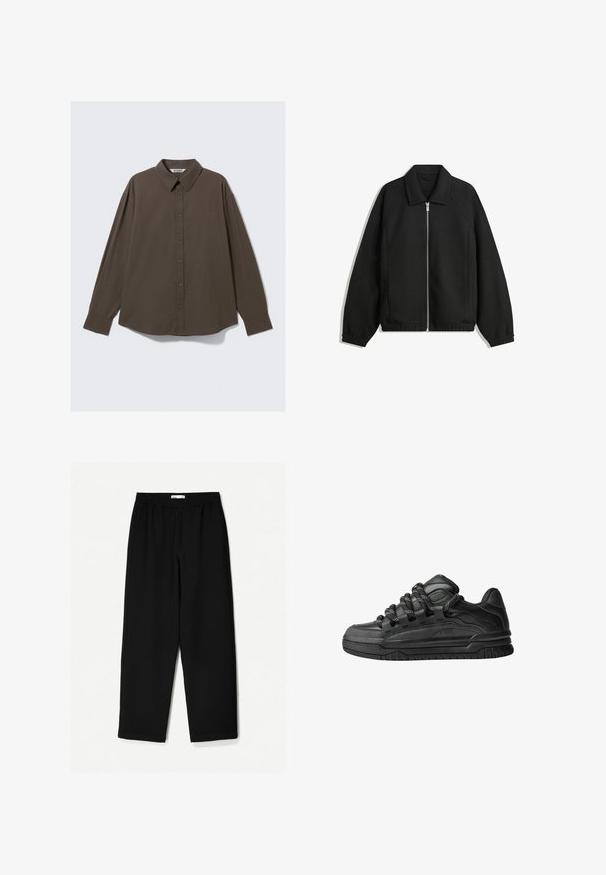 Čierna bunda vyrobená z textúrovaného materiálu, s plným predným zipsom, golierom a elastickými manžetami, so voľnejším strihom a bočnými vreckami.; Hnedá kockovaná košeľa s dlhým rukávom a gombíkovým golierom, s uvoľneným strihom a mierne zakriveným spodným okrajom. Tkanina je textúrovaná.; Čierne nohavice s širokými nohavicami vyrobené z ľahkej tkaniny. Majú elasticitu v páse a hladký povrch. Bez viditeľných vzorov alebo kovania.; Čierne tenisky s hladkým koženým zvrškom, štruktúrovanými akcentami a okrúhlymi čierno-bielymi šnúrkami. Hrubá gumená podrážka s vzorovaným dezénom.