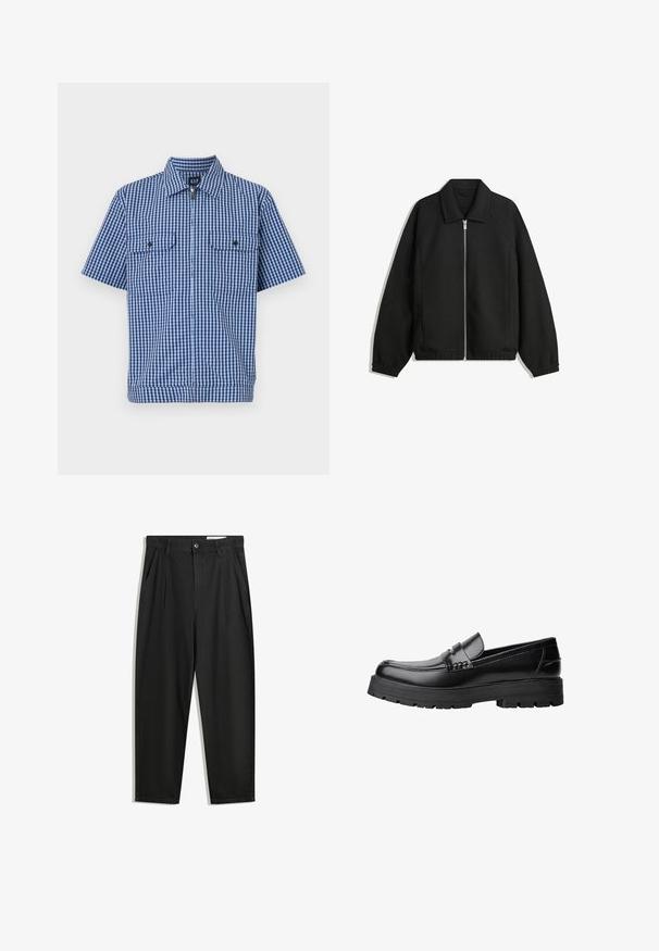 Giacca nera in tessuto texturizzato, con zip frontale a tutta lunghezza, colletto e polsini elasticizzati, dalla vestibilità rilassata e con tasche laterali.; Camicia a maniche corte con motivo a scacchi blu e bianchi, dotata di chiusura a bottoni, due tasche sul petto e colletto a punta. Realizzata in tessuto leggero.; Pantaloni in cotone neri con una vestibilità rilassata, dotati di una vita classica, pieghe frontali e tasche laterali. Tessuto liscio senza fantasie.; Mocassino in pelle nera con suola spessa e tassellata e fascia decorativa sulla parte superiore, mostrato in profilo sinistro su sfondo bianco.