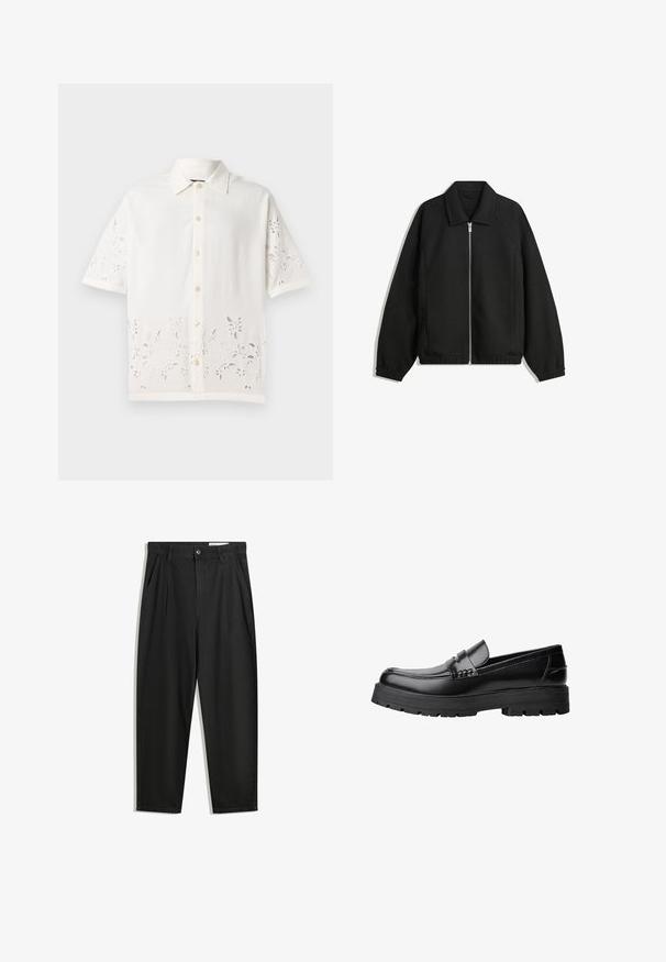 Fekete kabát texturált anyagból, teljes elöl cipzárral, gallérral és rugalmas mandzsettákkal, laza szabással és oldalsó zsebekkel.; Fehér, rövid ujjú ing, könnyű anyagból készült, gombos elülső résszel, hímzett virágmintával az alján és klasszikus gallérral.; Fekete pamut nadrág laza szabással, klasszikus derékrésszel, elülső hajtásokkal és oldalsó zsebekkel. Simább textúra minta nélkül.; Fekete bőr loaferek vastag, bordázott talppal és díszcsíkkal az upper rész felett, bal oldali profilmódban, fehér háttér előtt.