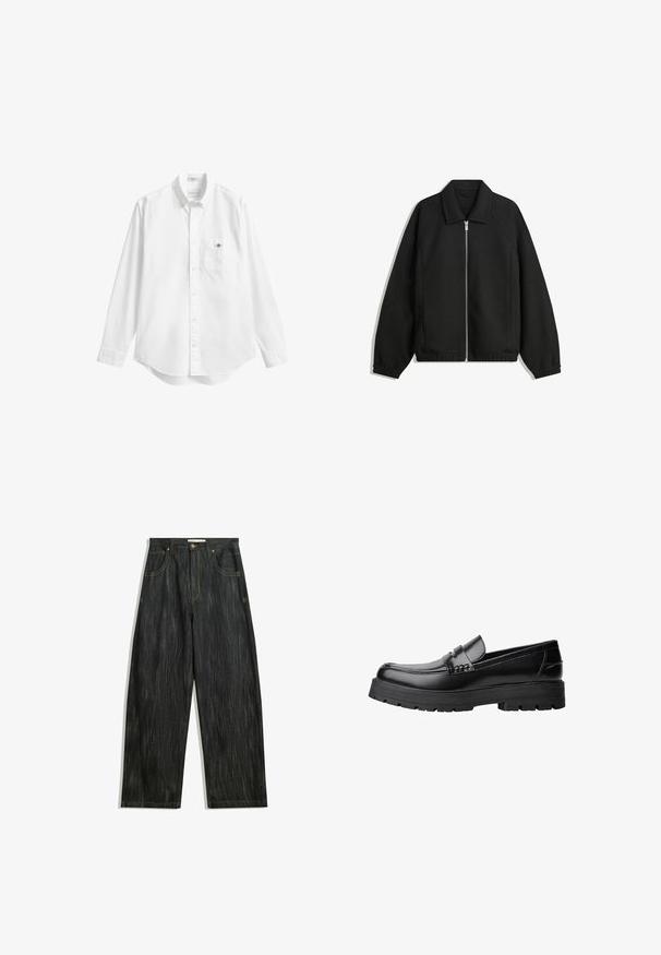 Black jacket made of textured fabric, featuring a full front zip, collar, and elastic cuffs with a relaxed fit and side pockets.; White button-up shirt, long sleeves, soft cotton fabric, curved hem, single chest pocket, small logo on pocket, standard collar design.; Dark denim jeans with a loose fit, featuring subtle vertical texture, yellow stitching, five pockets, and a classic button closure.; Black leather loafer with chunky treaded sole and decorative strap across the upper, shown in left side profile on white background.